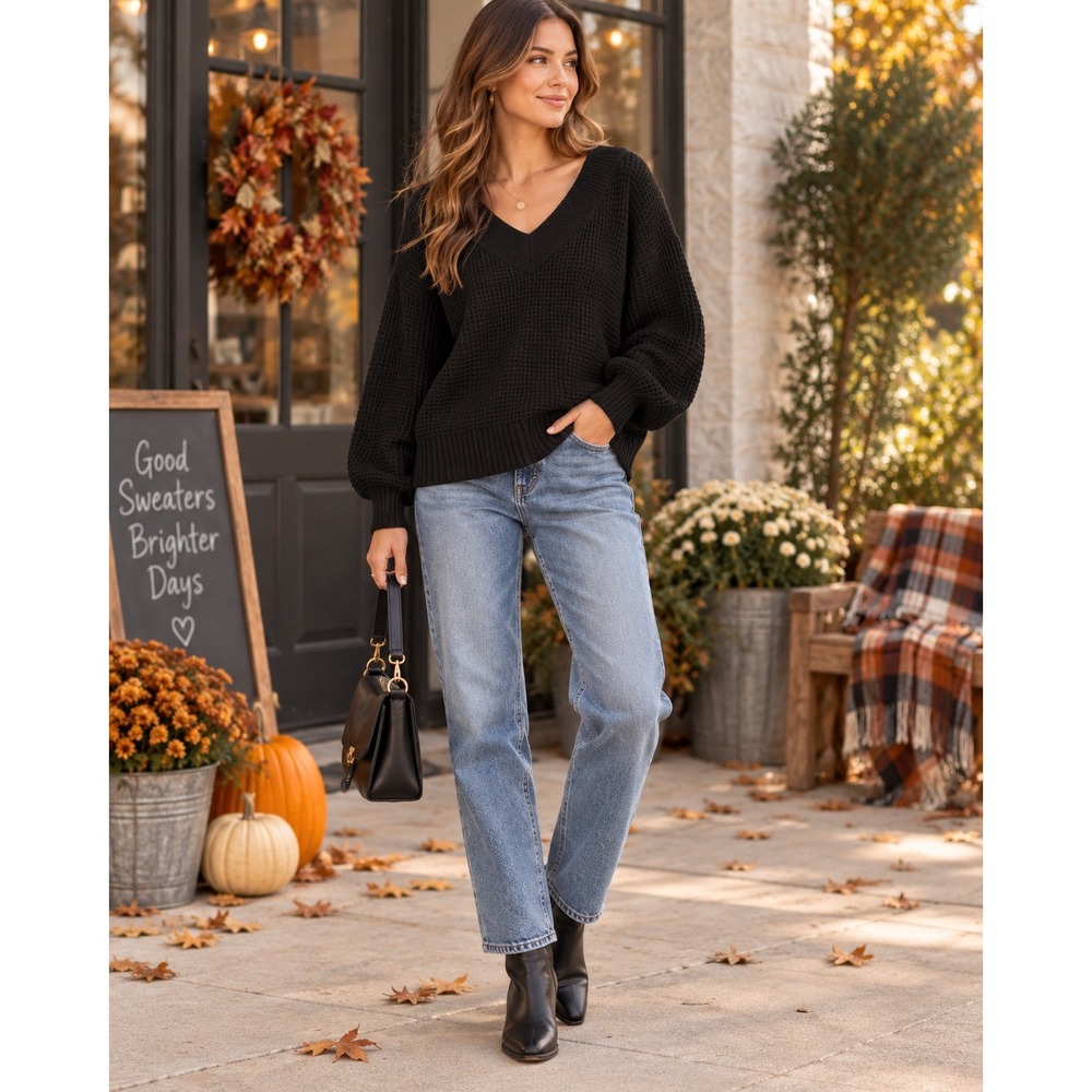 Zenana Black Waffle Knit V-Neck Balloon Sleeve Sweater TW-3418AB Medium